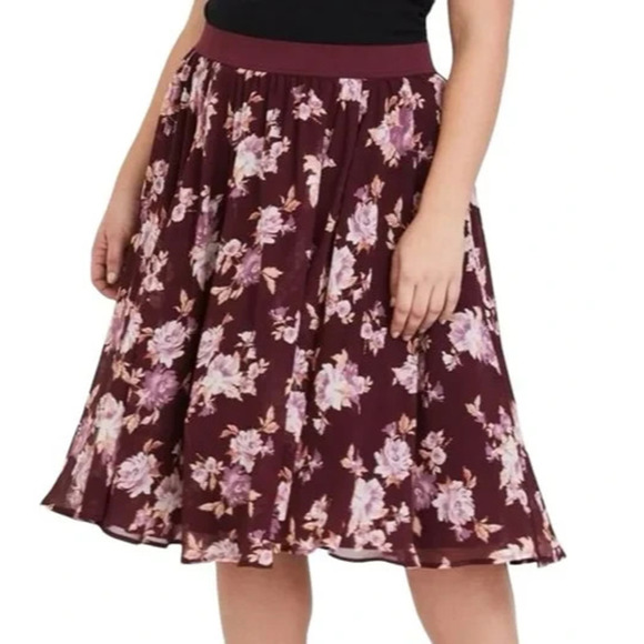 Torrid Floral Midi Chiffon Tulle Lined Skirt Burgundy Pull On Plus Size 2 2X - Picture 11 of 11